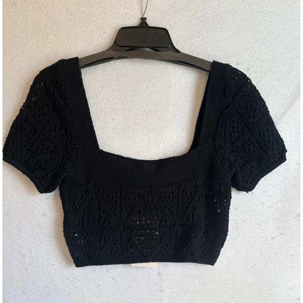 Zara Black Pointelle Knit Crop Top Square Neck Short Puff Sleeve NWT Size M